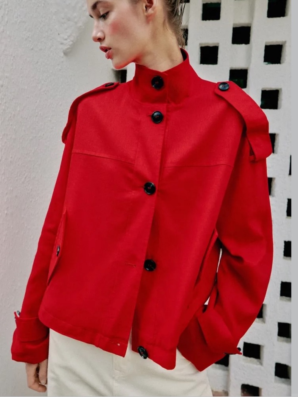 Zara Red Cropped Trench Jacket with Button Details